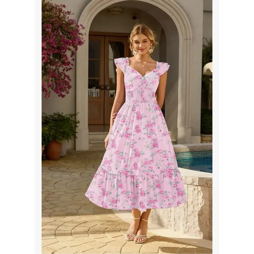 #283 MSRP $53 NWT GRACE KARIN LIGHT PINK FLORAL SMOCKED TIERED MAXI ♡SIZE XL♡